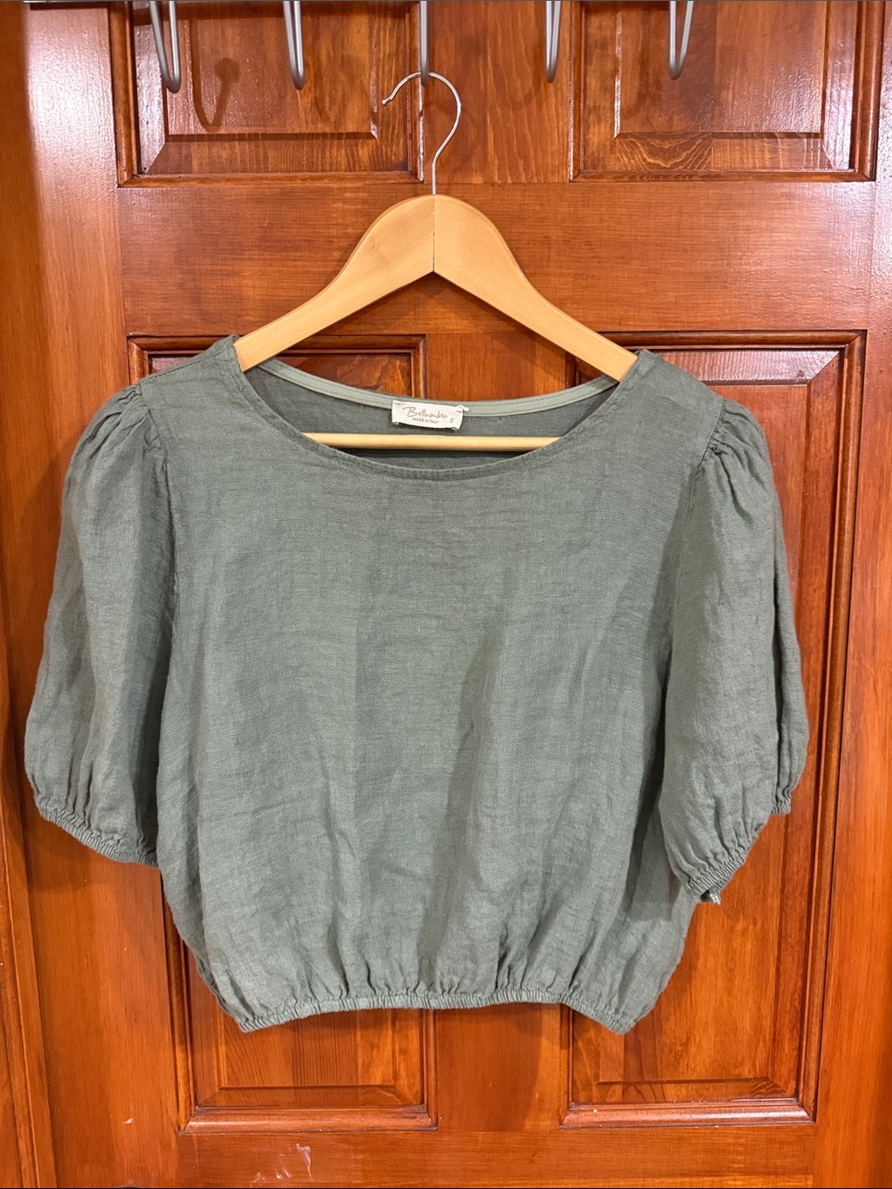 Linen  Puff-Sleeve Crop Top - Sage Green